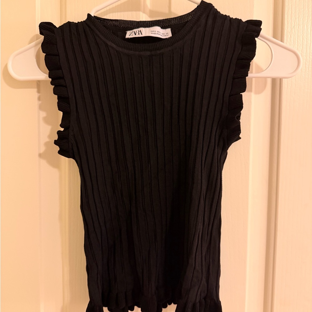 Zara Black Ribbed Ruffle Top - Picture 1 of 3